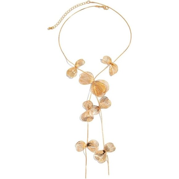 Women's Gold Ginkgo Leaves Choker Statement Long Tassel Beachy Party Necklace - Picture 7 of 7